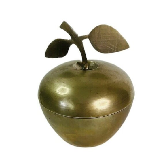 Vintage Brass Apple Container Trinket Box Candy Dish Leaf Handle Lid India 6"x5" - Picture 11 of 11